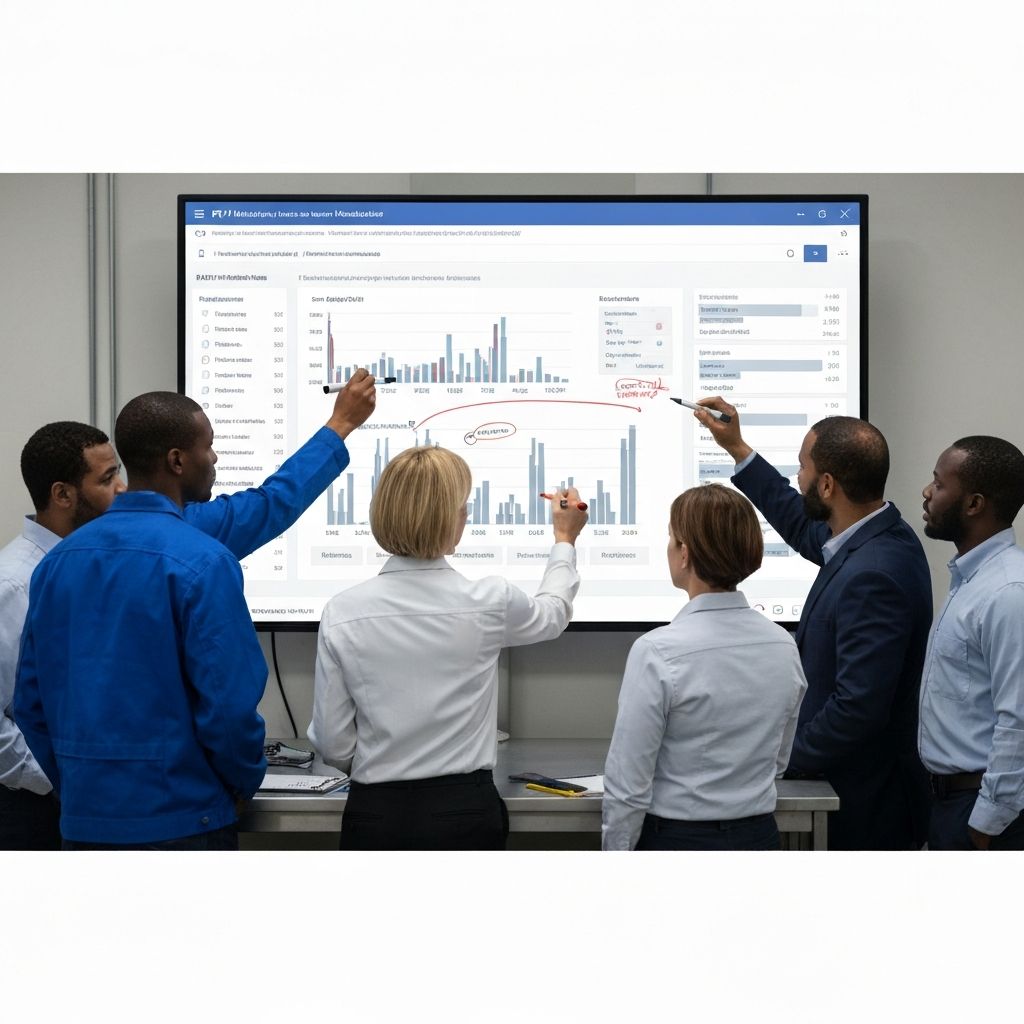 Equipo de manufactura analizando métricas KPI en un panel de datos interactivo
