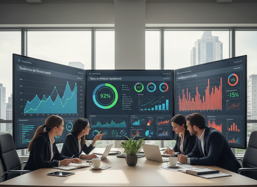 Equipo de analytics revisando dashboard de KPI con gráficos de tendencias, tasas de eficiencia y variaciones de costos