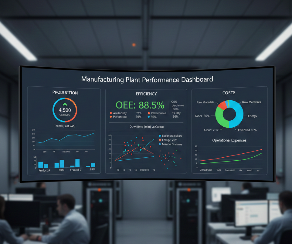 Dashboard interactivo mostrando métricas de producción, eficiencia y costos de una planta manufacturera